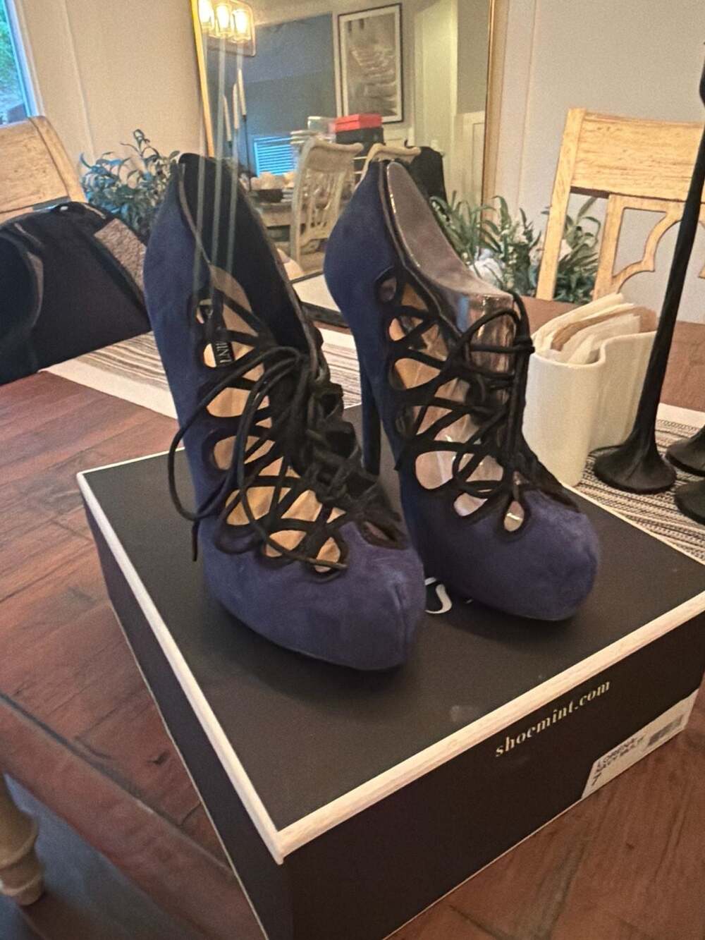 ShoeMint Lorena Navy Multi Suede Lace-Up Platform Heels Size 7